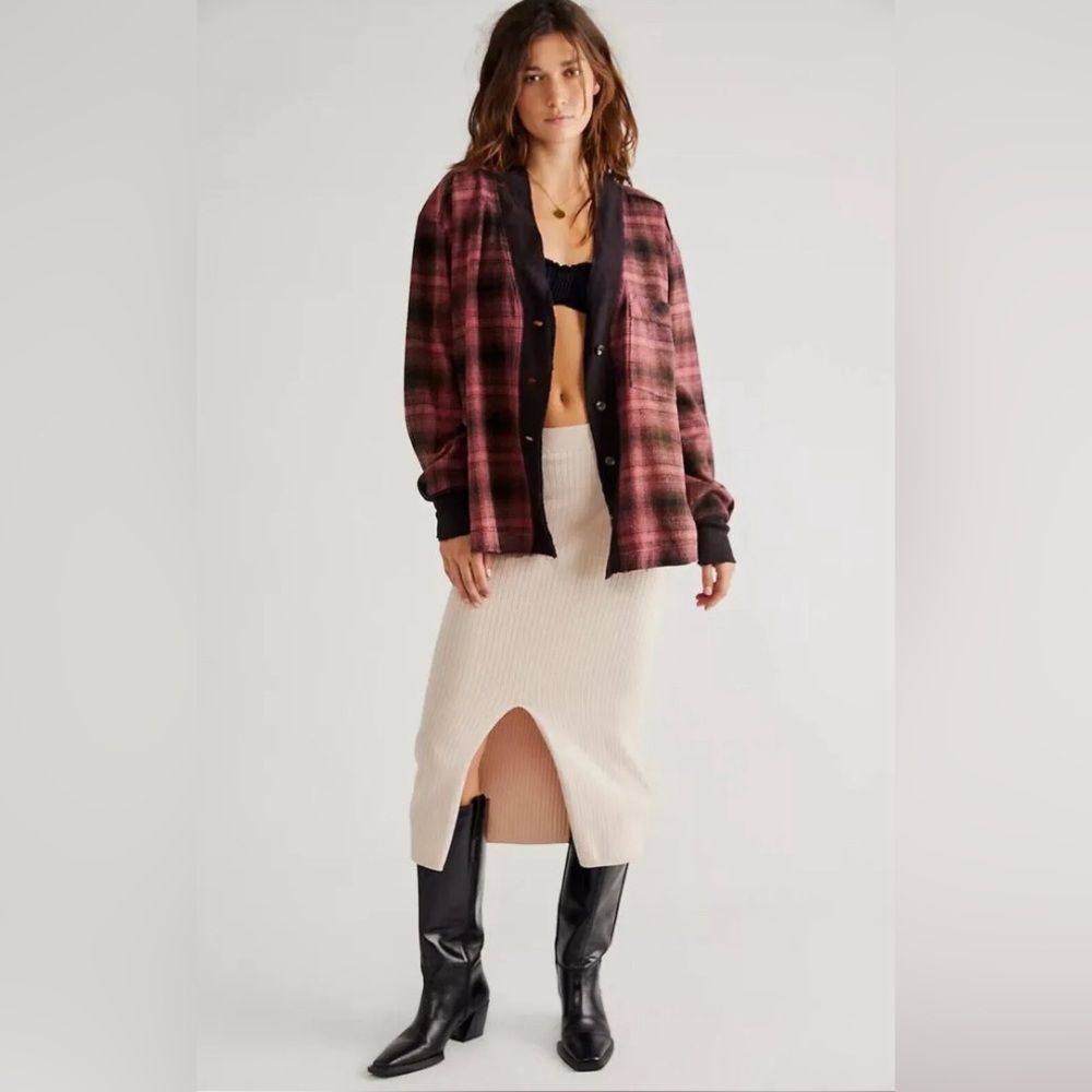Free People Cardi Plaid Cardigan Maroon Brown Oversized Shirt Top
